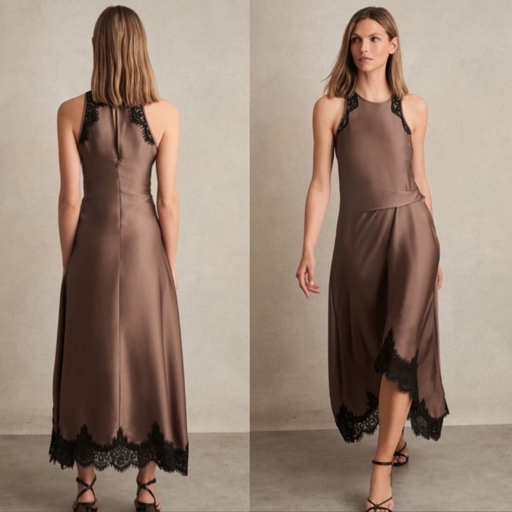 NWT REISS Anais Drape lace-trim dress mocha brown size 12